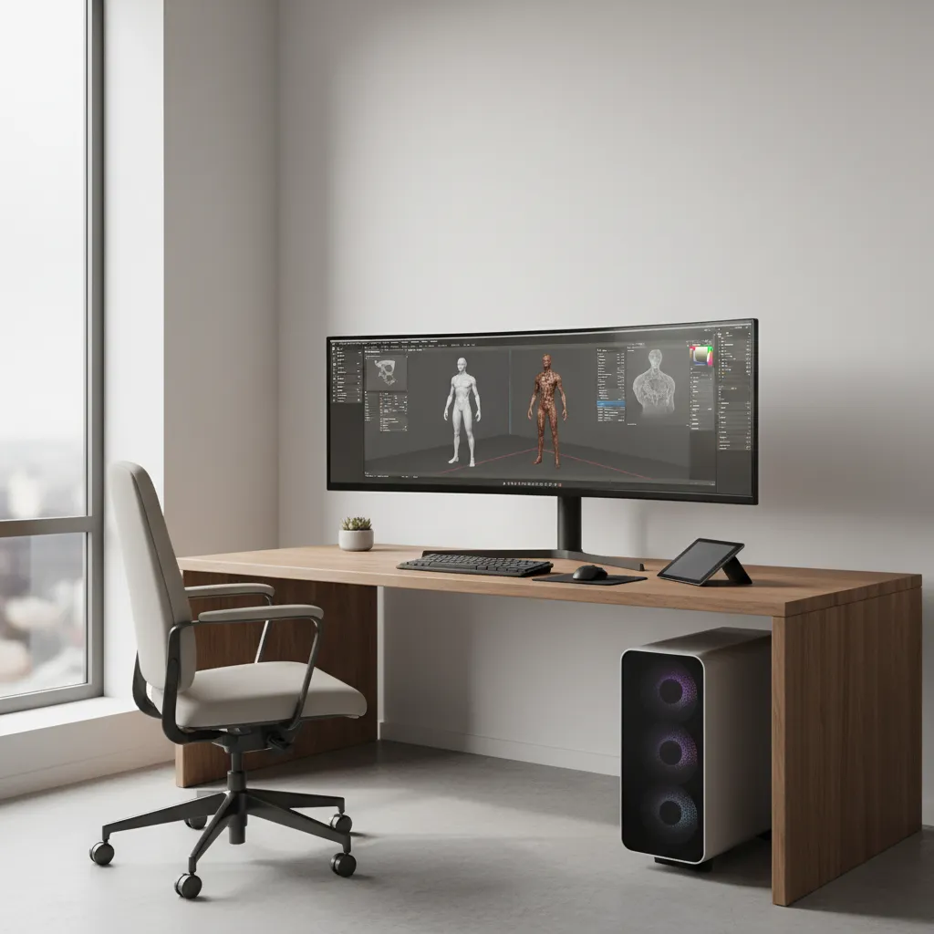 professional 3D rendering workstation with large monitor and desktop computer