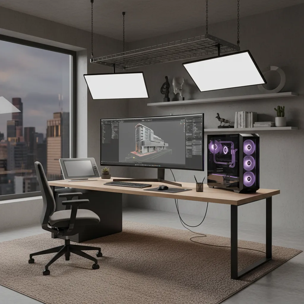 Professional 3D artist workstation with large monitor displaying a complex 3D scene