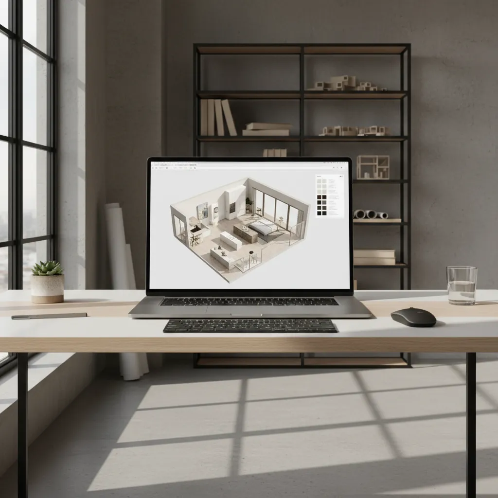 3d home renovation layout planning displayed on laptop