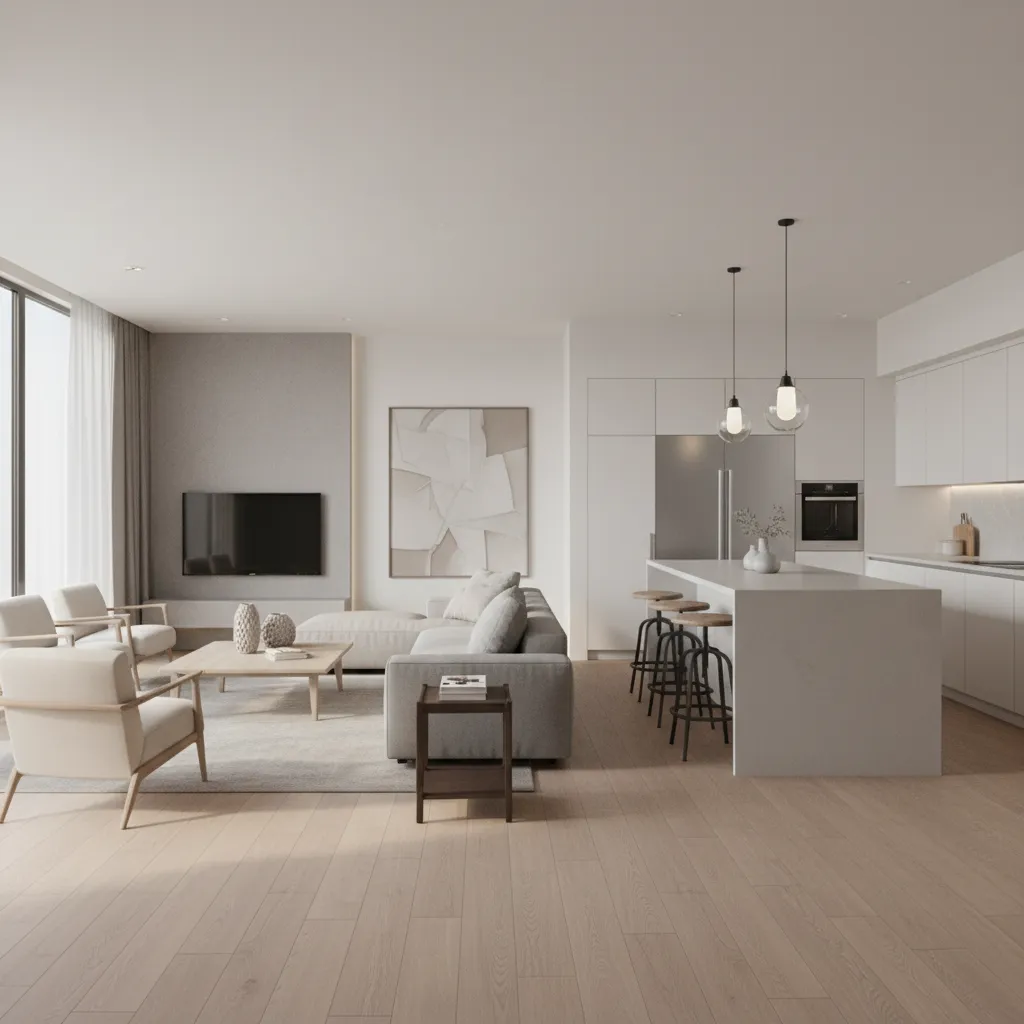 Minimalist living room with grey sofa wooden floor white kitchen island and black bar stools