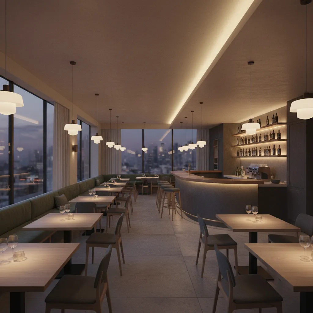 Visualización 3D del interior de un restaurante moderno