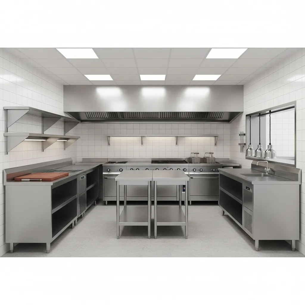 3D visualization of a small restaurant kitchen layout with labeled workstations