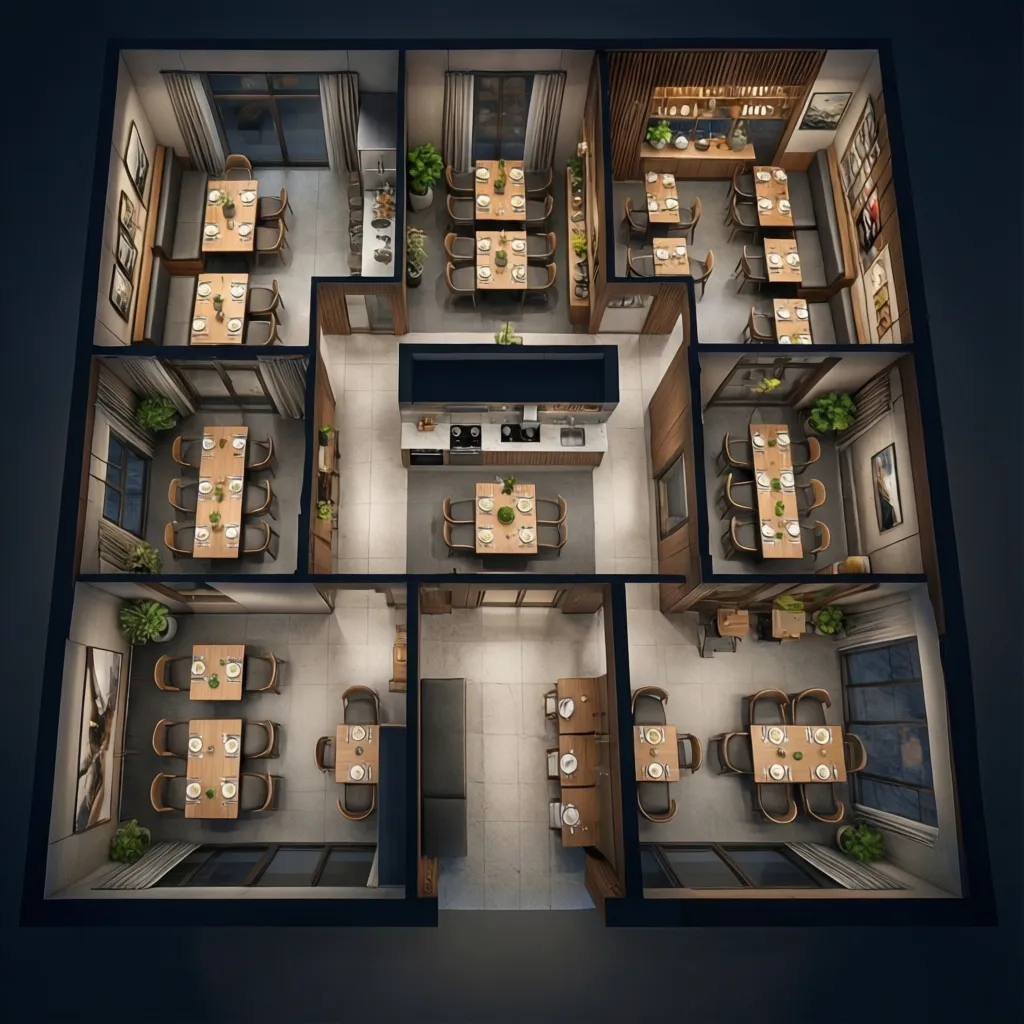 3D visualization of restaurant seating layout and circulation paths