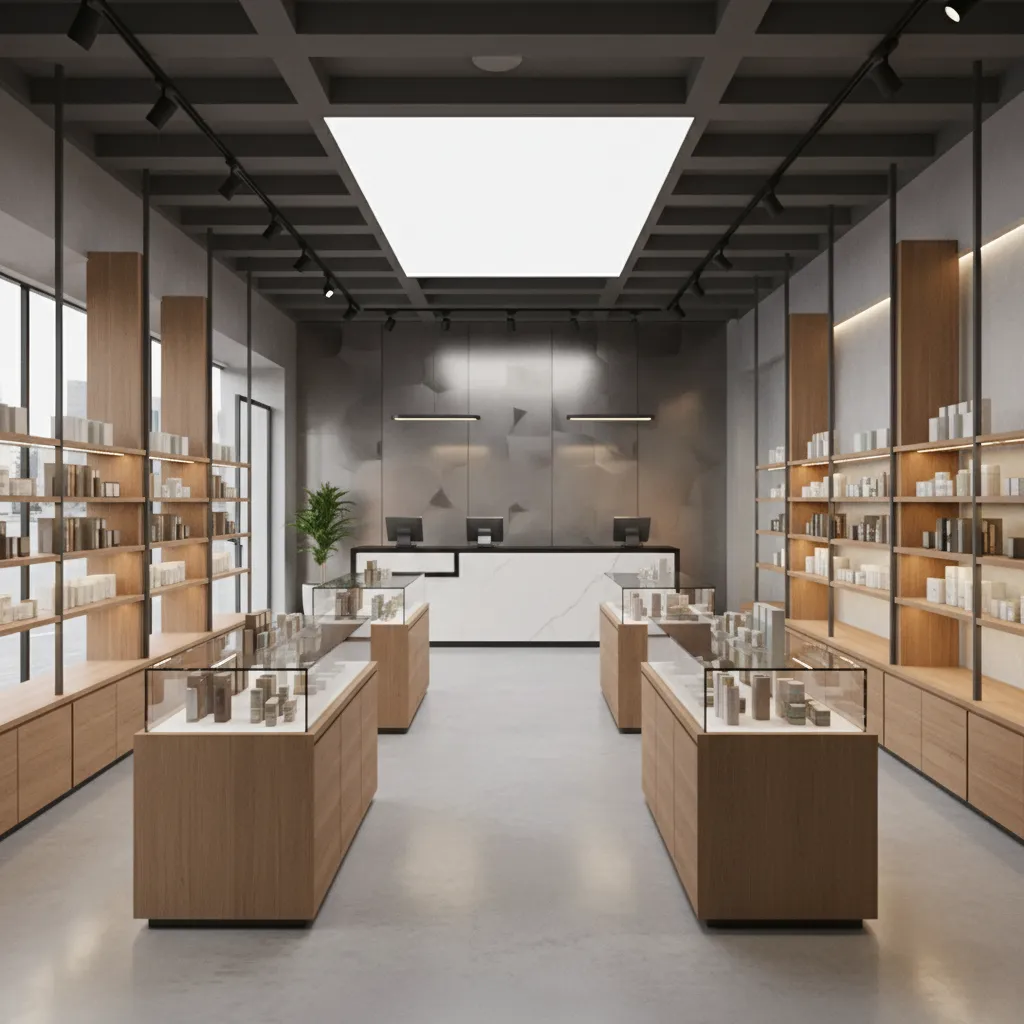 Visualización 3D de diseño interior de una tienda antes de su construcción