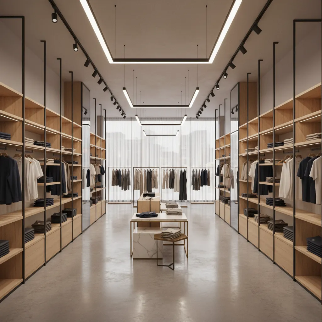 Interior design drawing of a clothing store with wooden shelves and bright white ceiling lights
