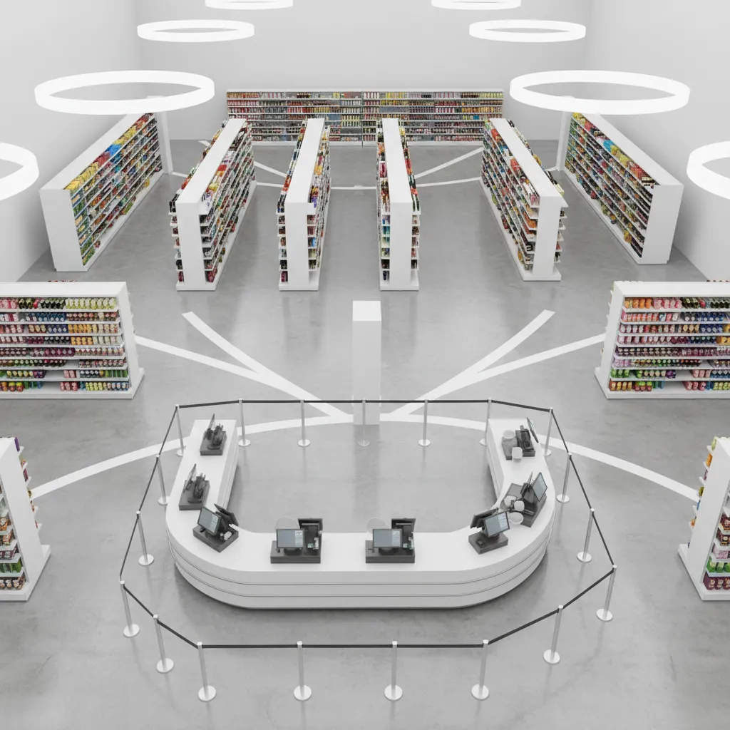 3D retail store floor layout with shelves aisles and customer flow paths