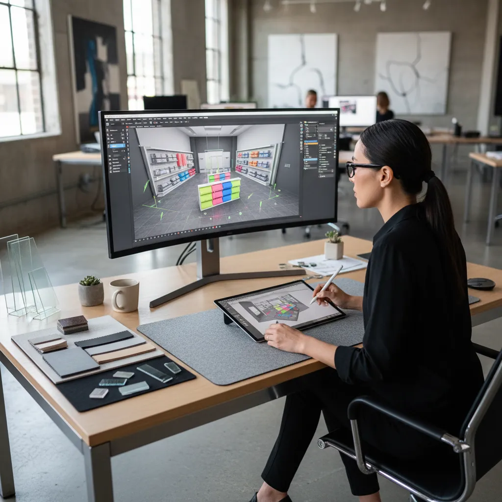 Diseñador trabajando con un modelo 3D de una tienda en ordenador