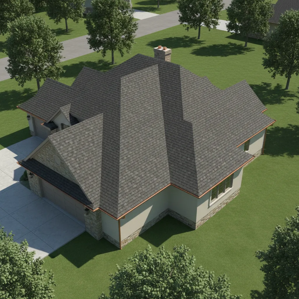 Realistic 3D roof model showing slopes ridges and drainage paths