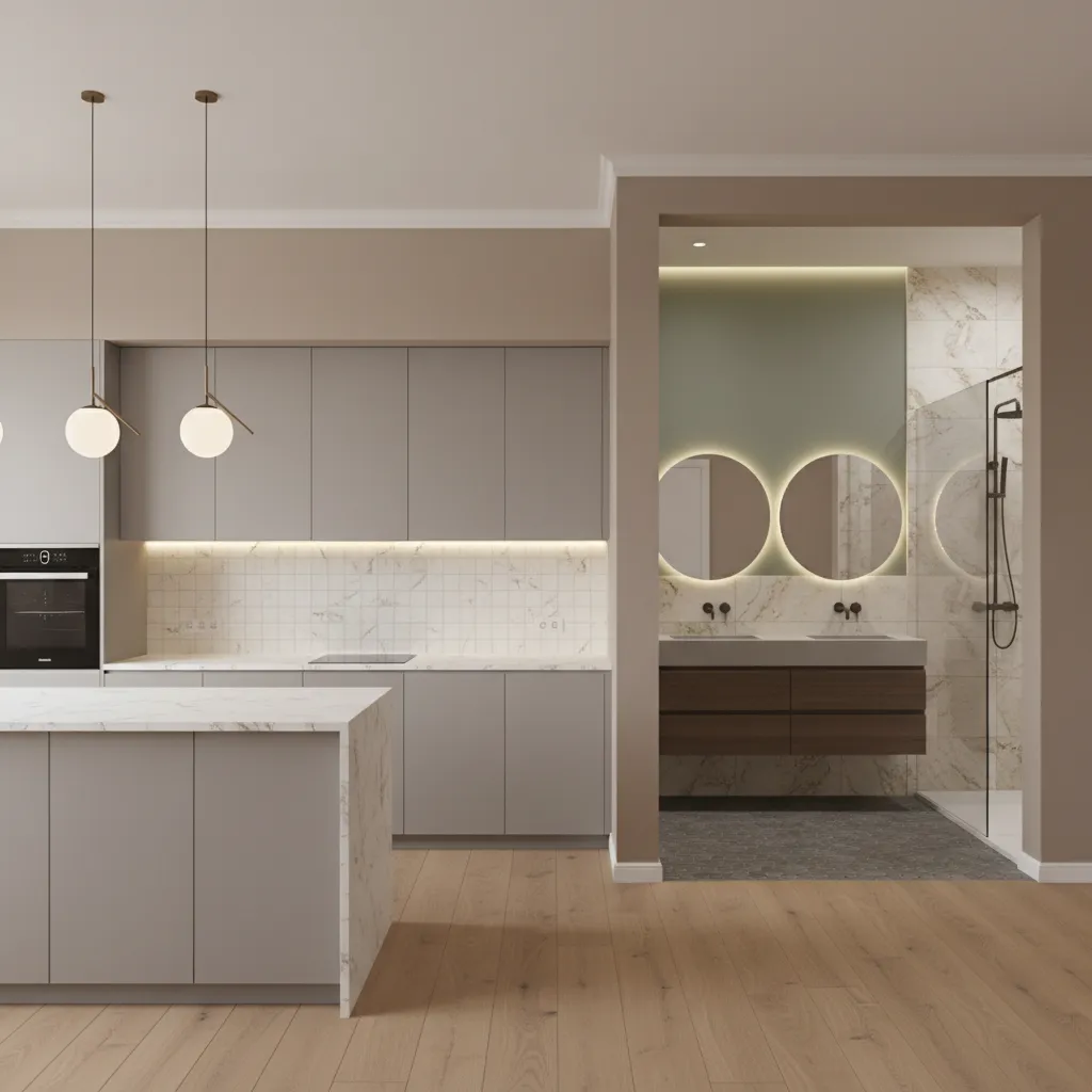 3d interior visualization previewing wall paint colors in kitchen and bathroom