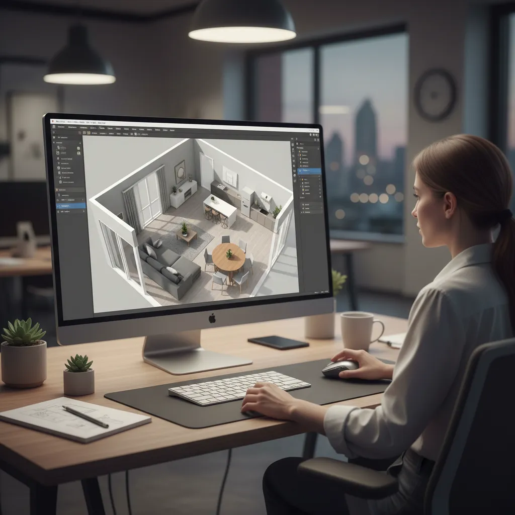 Designer using computer to create a 3D room layout with sofa and dining table furniture