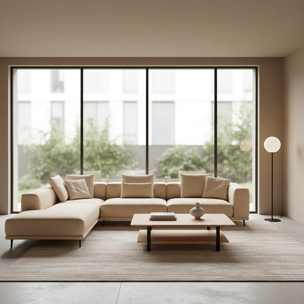 Modern living room with beige sofa wooden coffee table rug floor light fixture and windows
