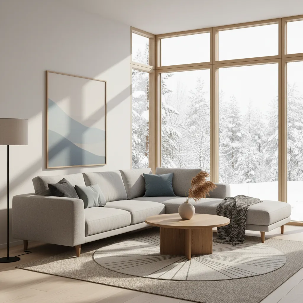 Modern living room with grey sofa wooden coffee table large windows and snowy forest outside