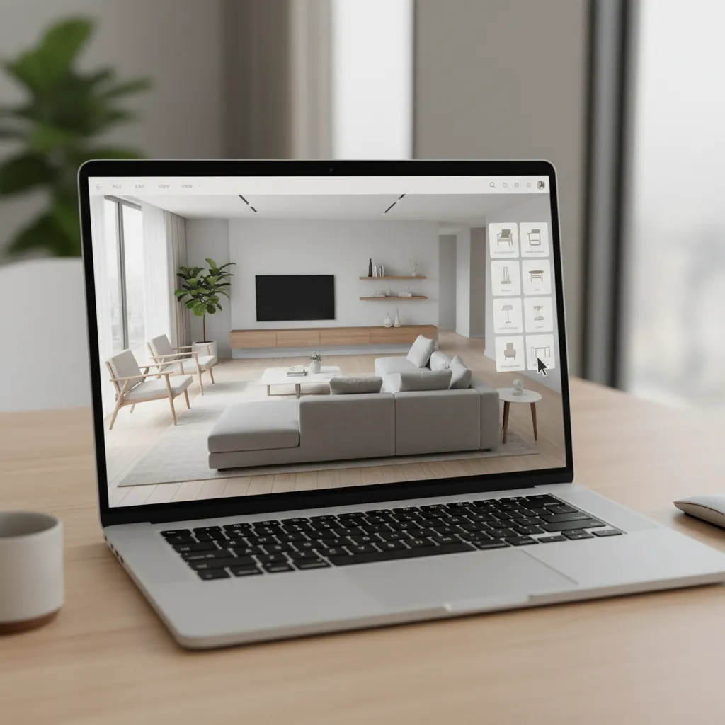 Laptop showing a 3D room design interface with furniture arranged in a modern living room