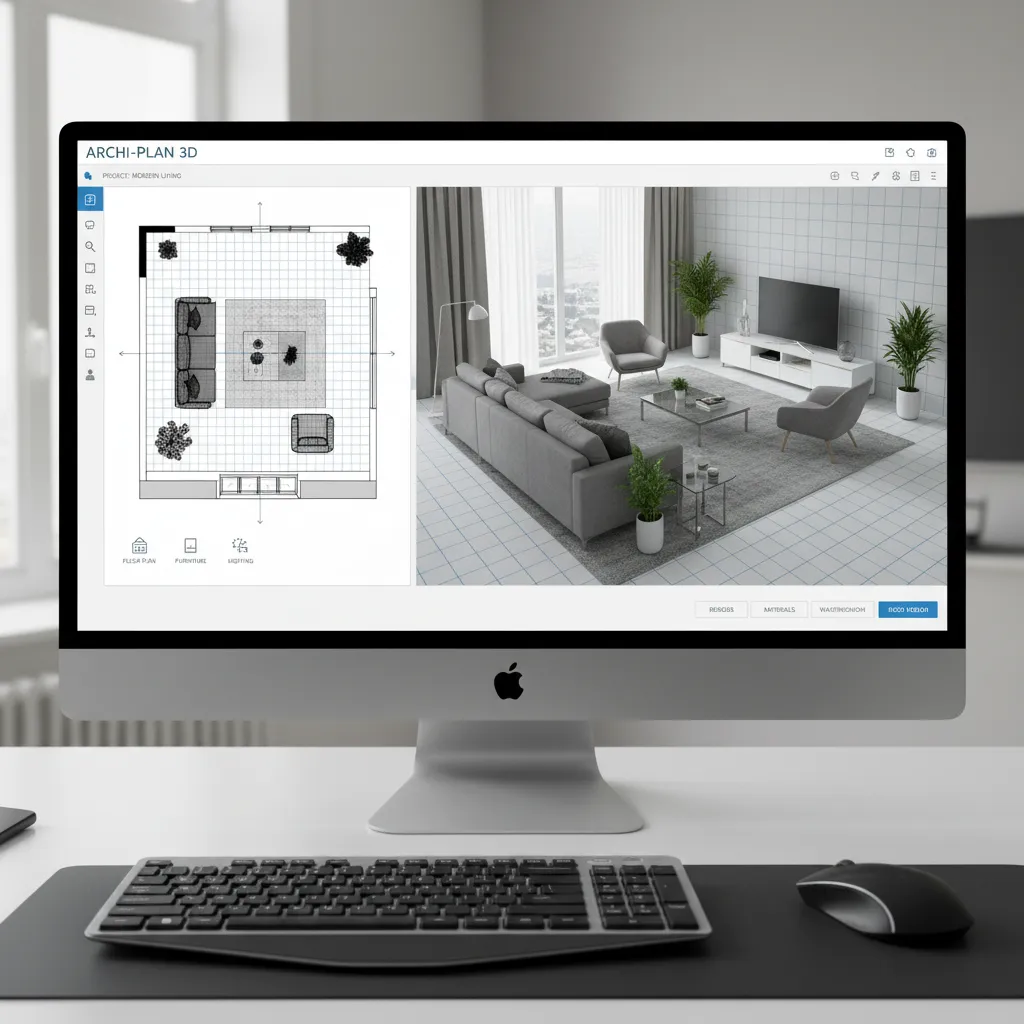 Example interface of 3D room interior design software showing a living room layout in modeling view
