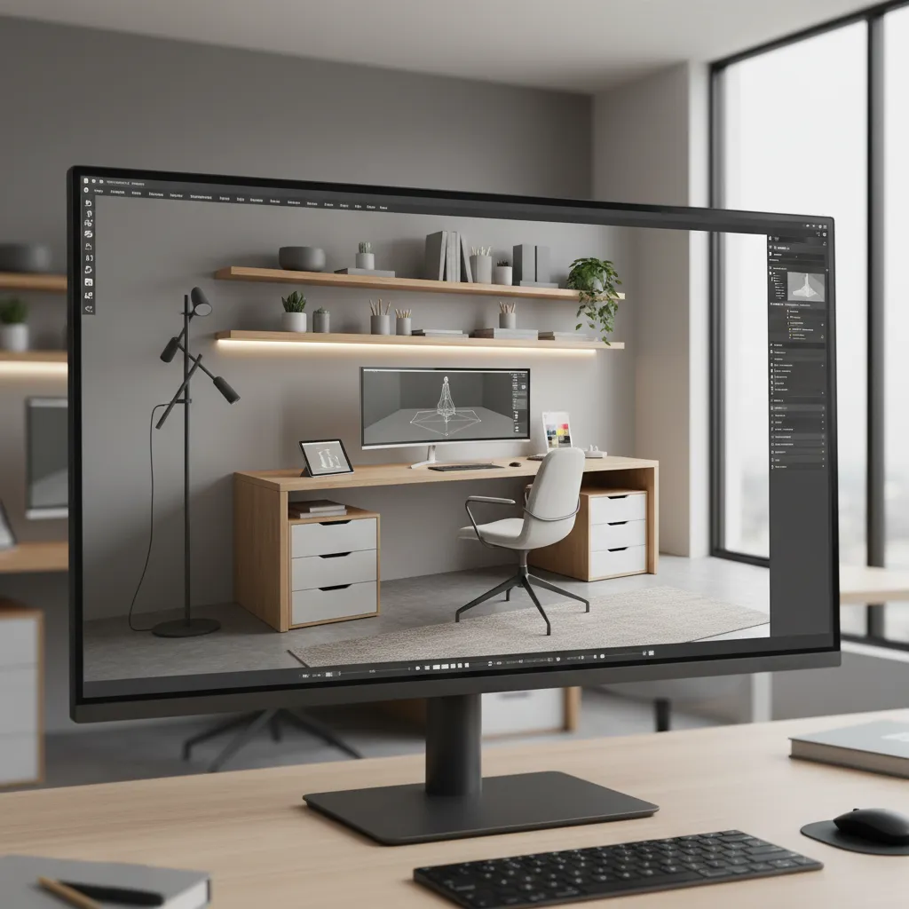 3D preview render of a creative workspace generated by room design software