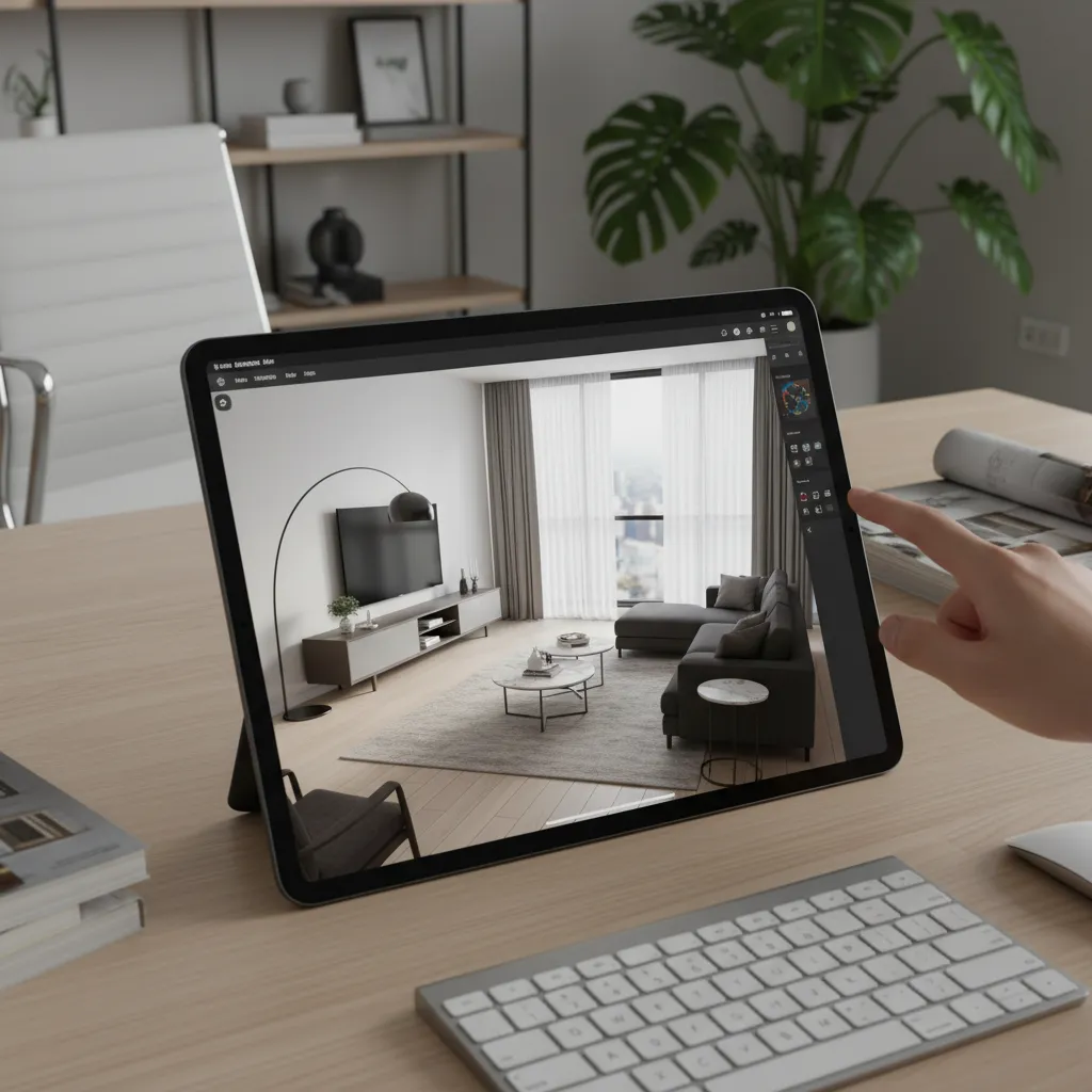 Visualización 3D de una sala diseñada desde una tablet