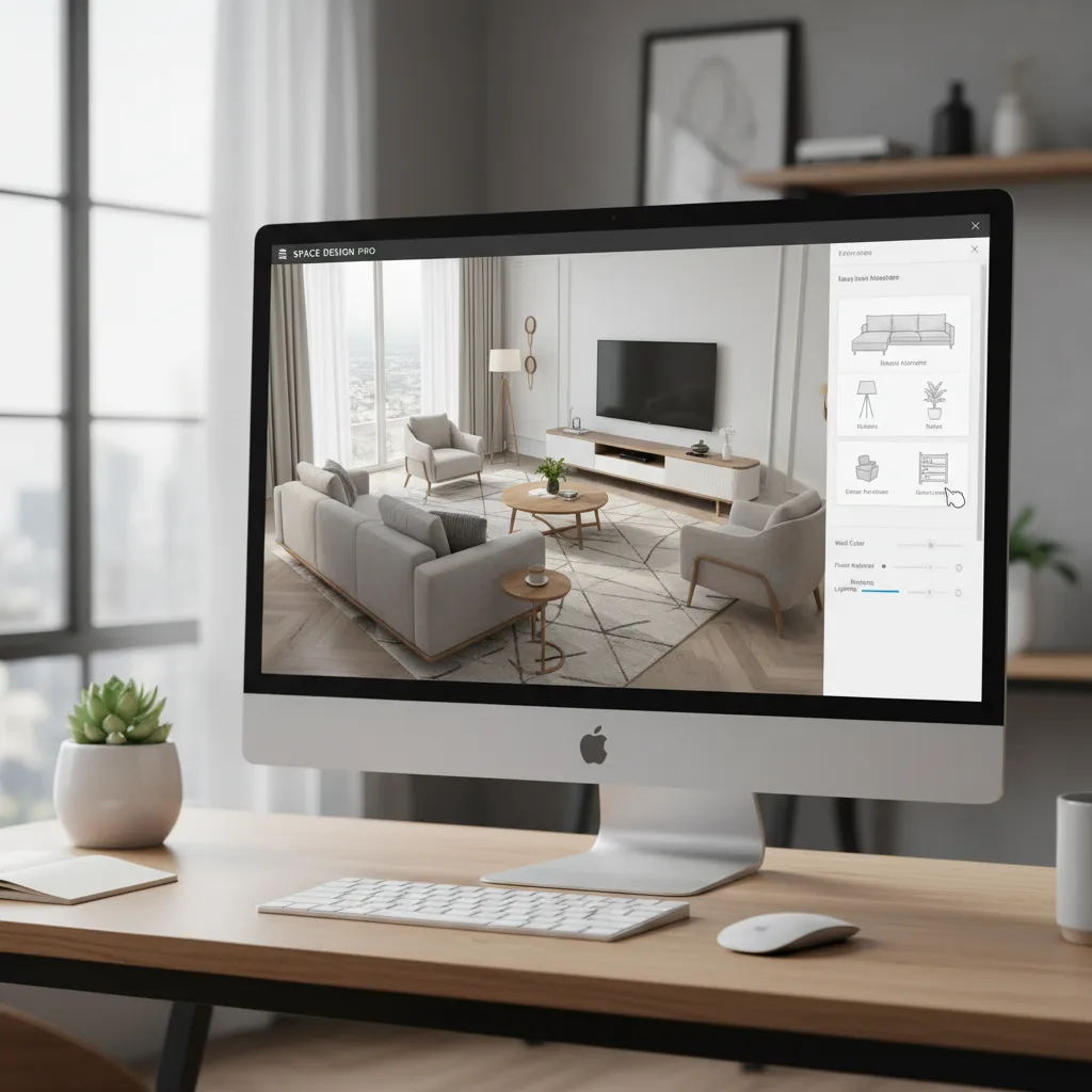 Example interface of a 3D room designer tool showing furniture placement in a living room