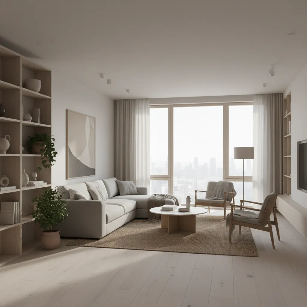 Visualización 3D de un salón moderno con distribución de muebles