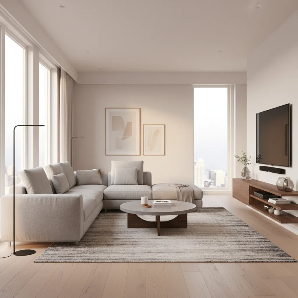 Modern living room with grey sofa round coffee table wooden cabinet wall television and light