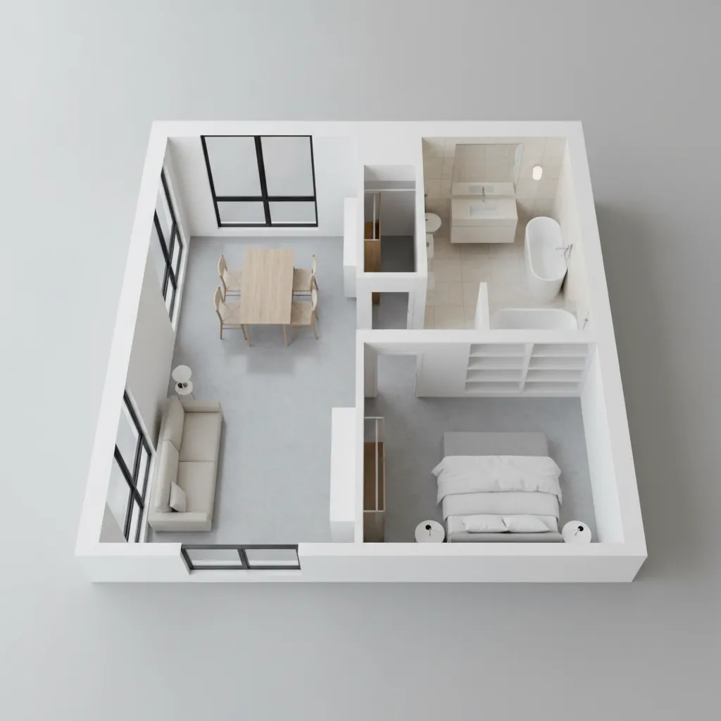 3D modeled apartment layout built from a floor plan showing walls windows and furniture