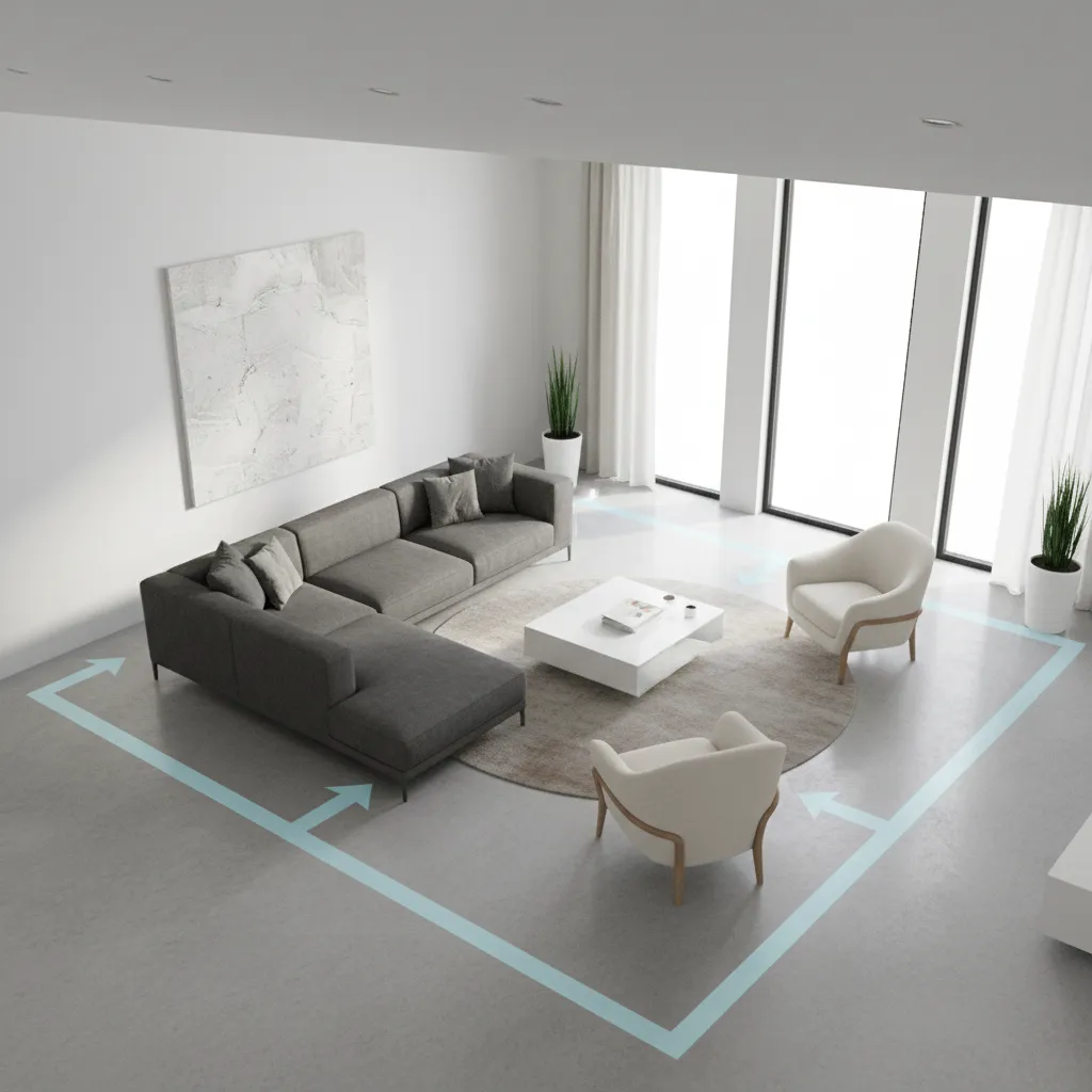 3D room layout showing walking paths and furniture spacing in a living room