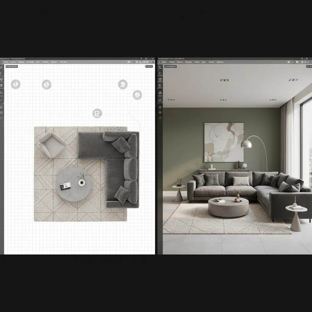 Plano digital de una sala con muebles organizados en un diseño 3D