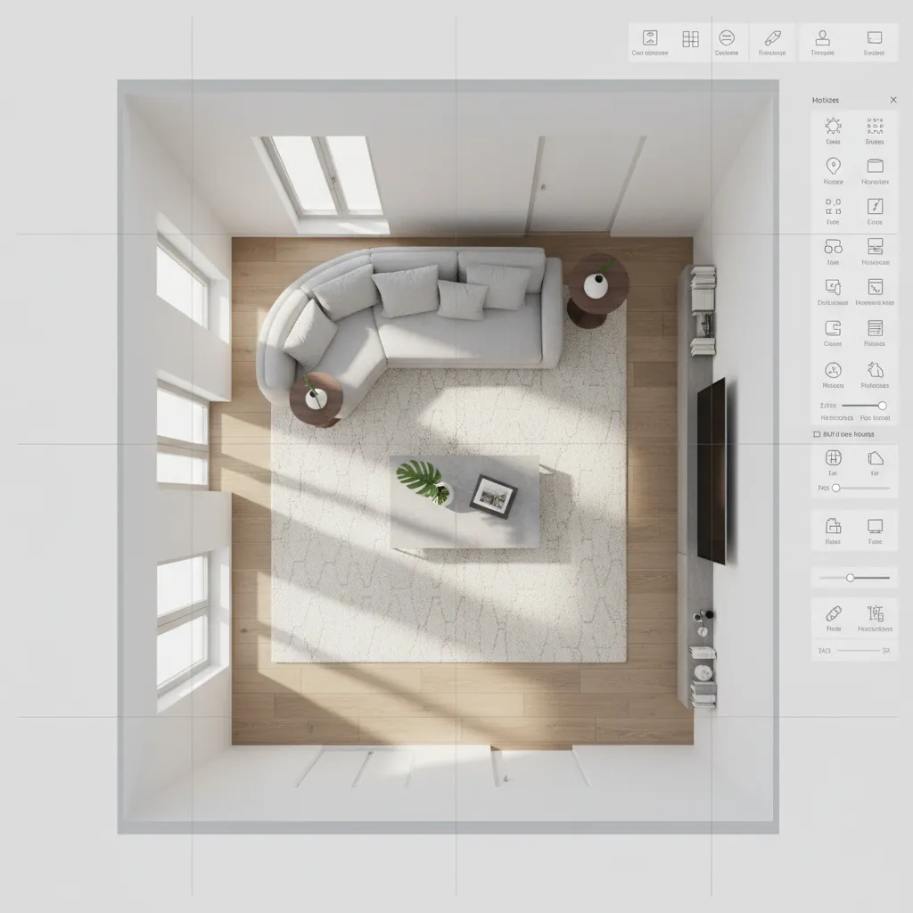 3D interior layout planning interface showing furniture placement and room design