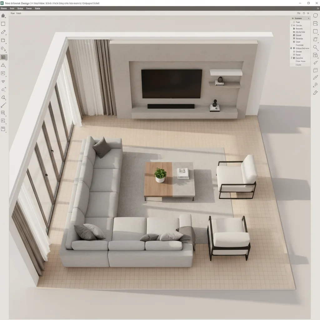 3D interior layout showing furniture arrangement in living room planning software