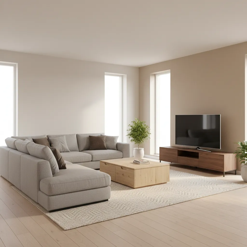 3D room layout visualization showing furniture arrangement in a modern living room