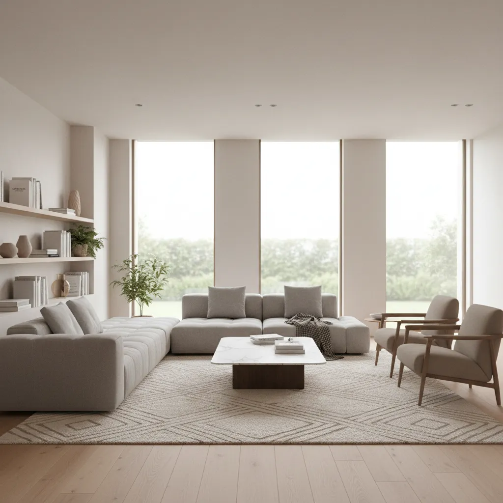 3D visualization of a living room layout generated from a floor plan designer