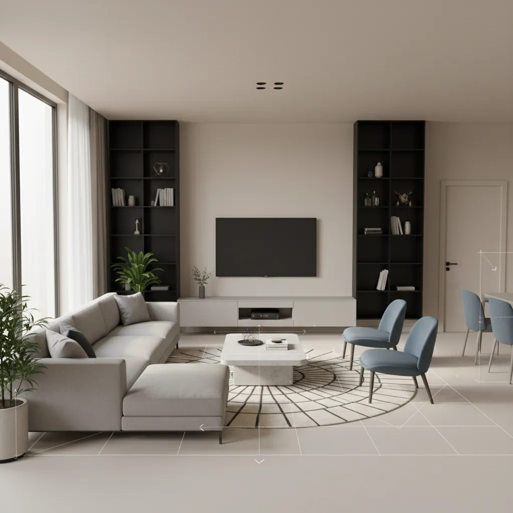 Visualización 3D de distribución de muebles en salón moderno