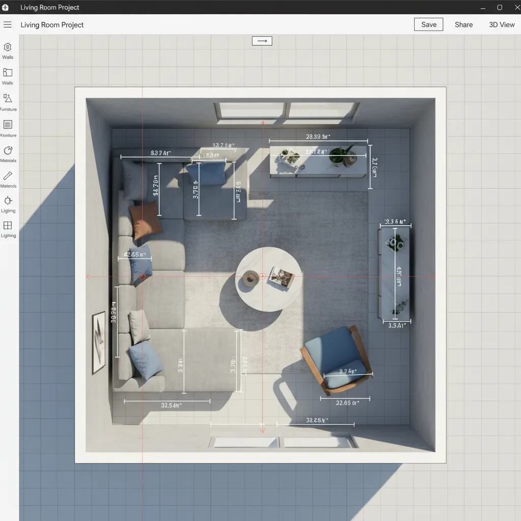 Coohom top view room layout showing grey sofa with dimensions and small round coffee table