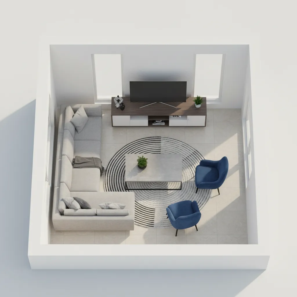 Top down view of 3D room layout showing sofa blue chairs and a television cabinet