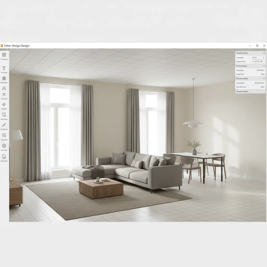 Vista 3D de un salón con distribución de muebles en un software de diseño interior
