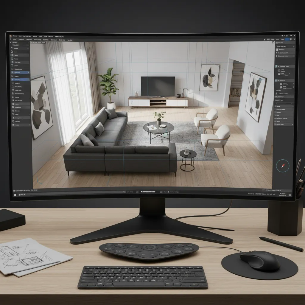 pantalla con planificación 3D de una sala de estar y distribución de muebles