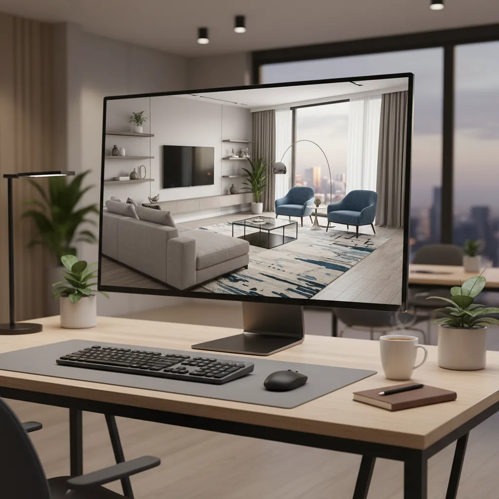 Visualización 3D de distribución de sala de estar en software de diseño