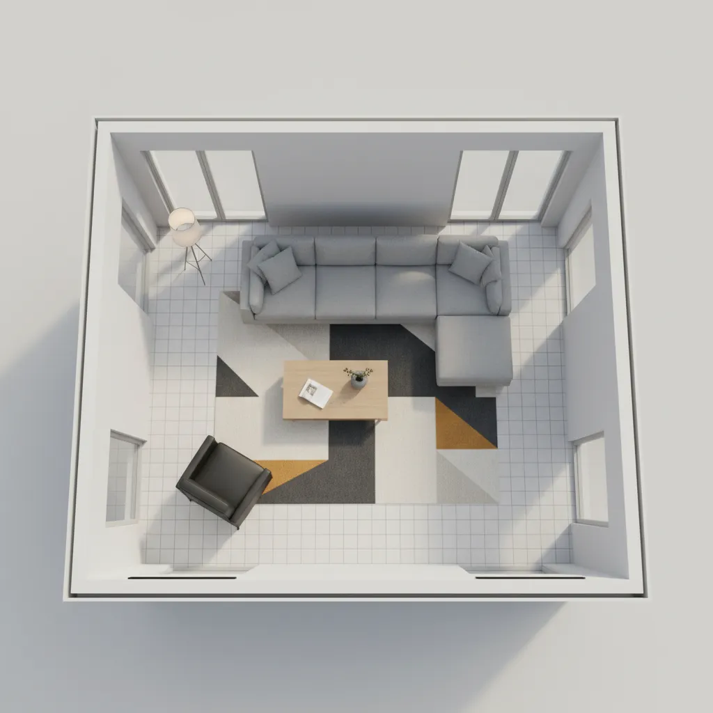 3D interior design software showing a living room floor plan and furniture placement
