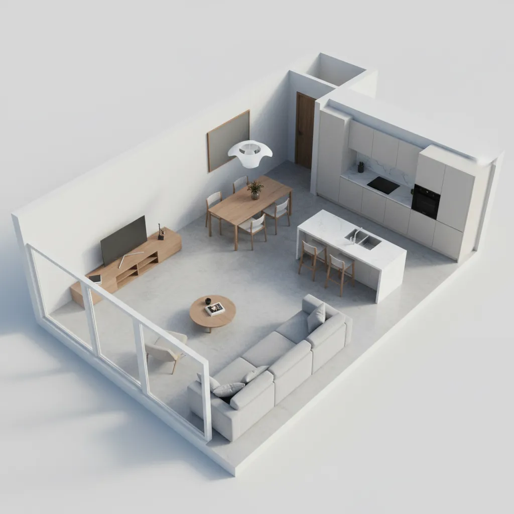 3D modeled apartment layout showing furniture placement and spatial planning