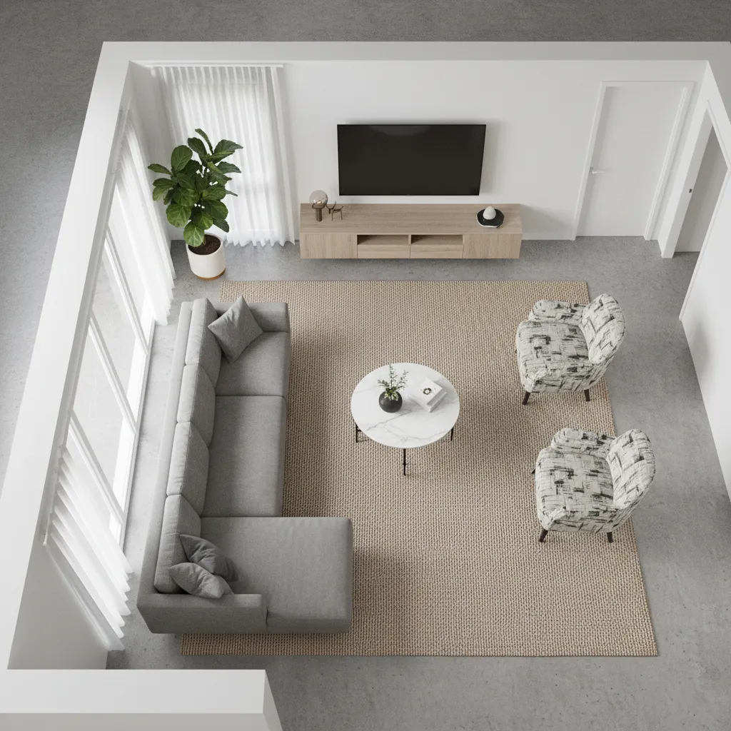 3D room layout planning showing sofa, rug and furniture placement