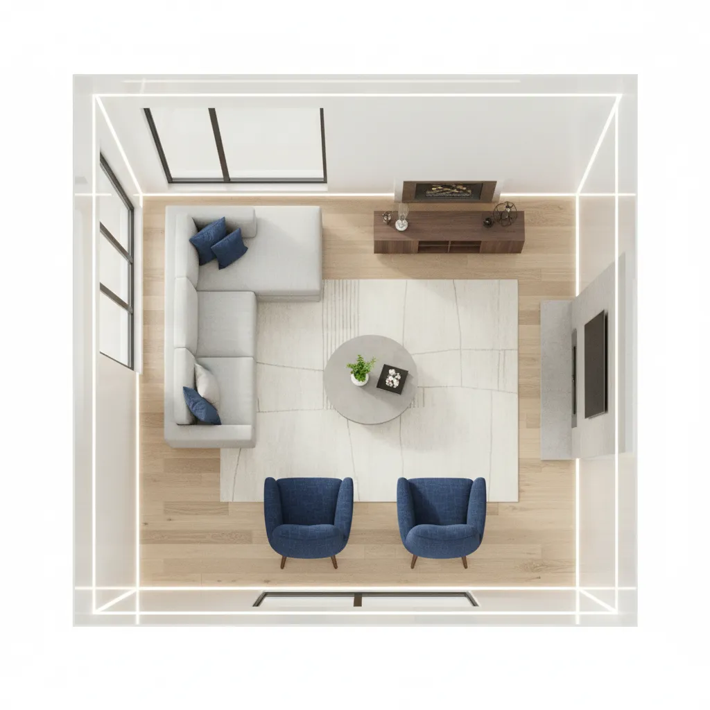 3D floor plan layout with furniture placement for a living room