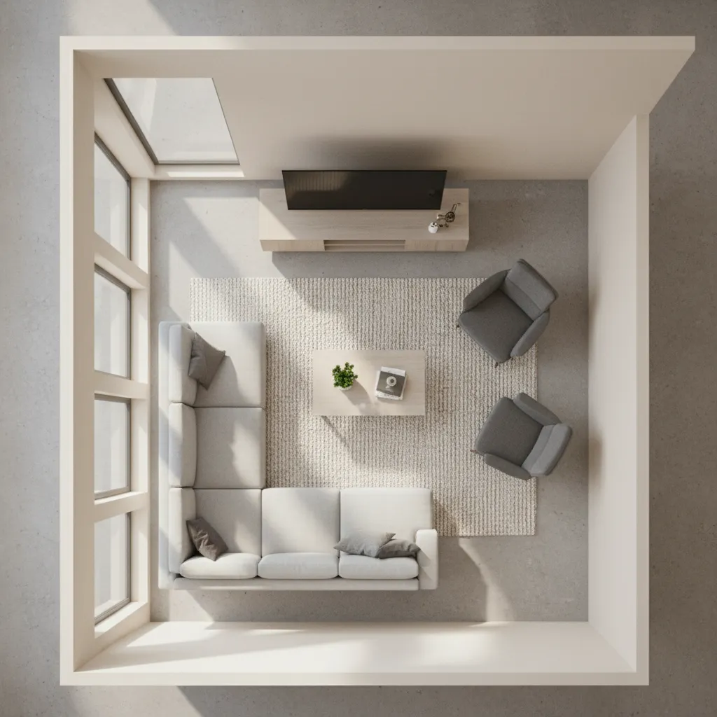 3D room layout planning showing furniture arrangement and walking paths