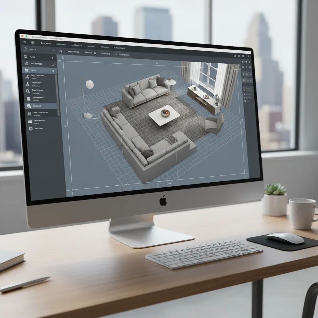 3D room layout planning interface showing furniture placement in a digital floor plan