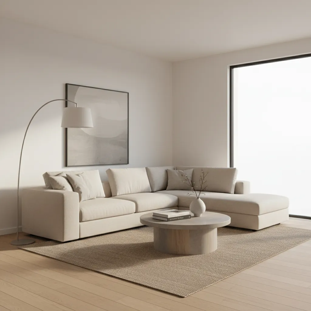 3D room visualization showing sofa, table and lighting generated in interior design software