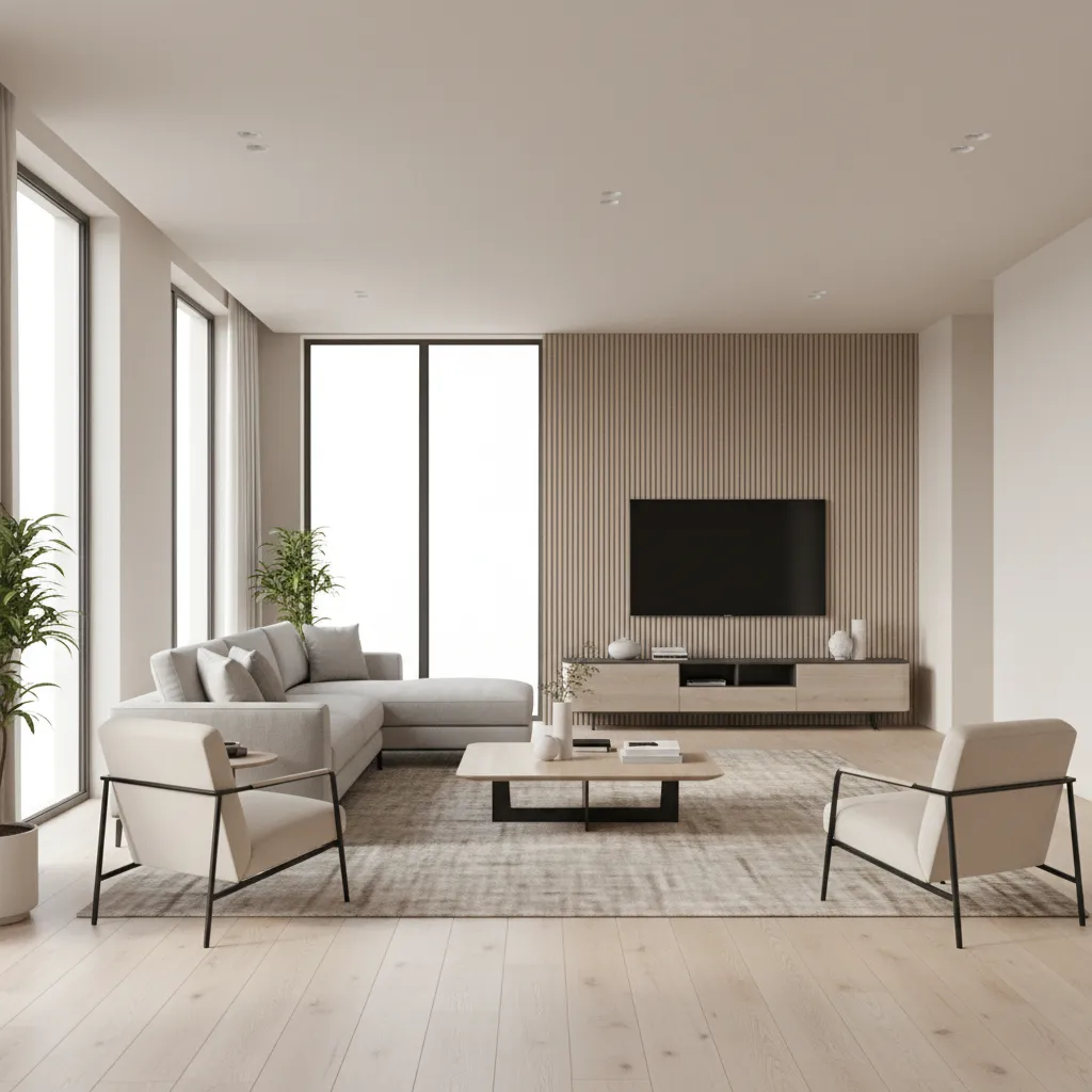 Modern living room with grey sofa wooden wall panel television two white chairs and windows