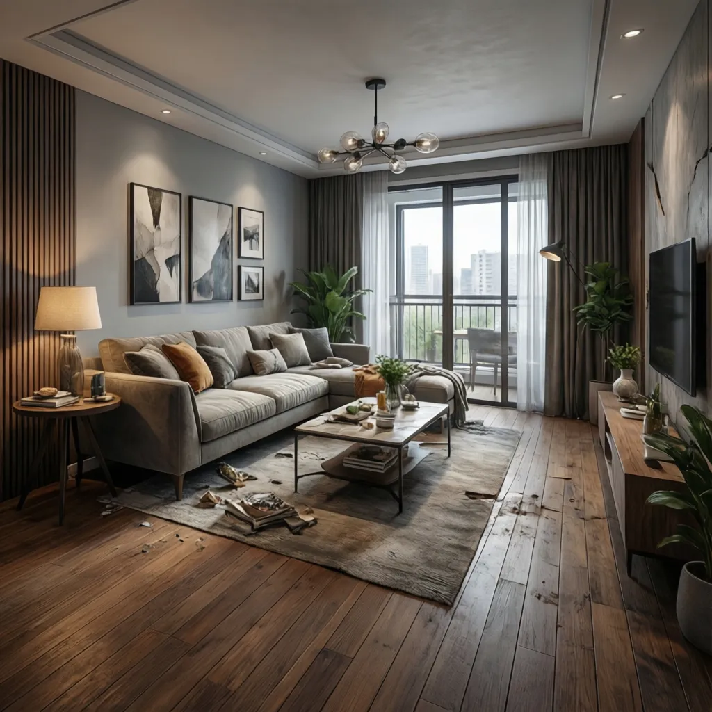 Visualización 3D de una sala de estar creada con software de planificación de espacios