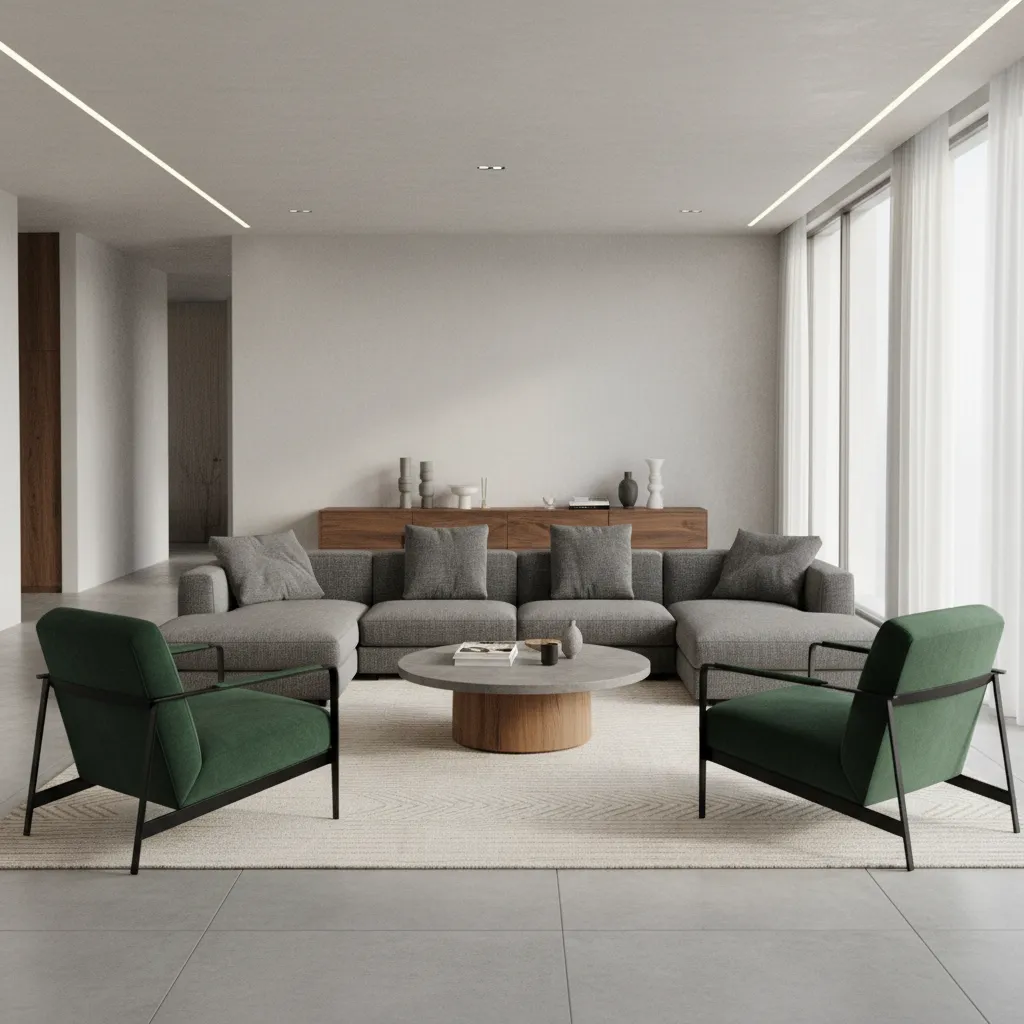 Visualización 3D de salón moderno con muebles distribuidos en plano digital