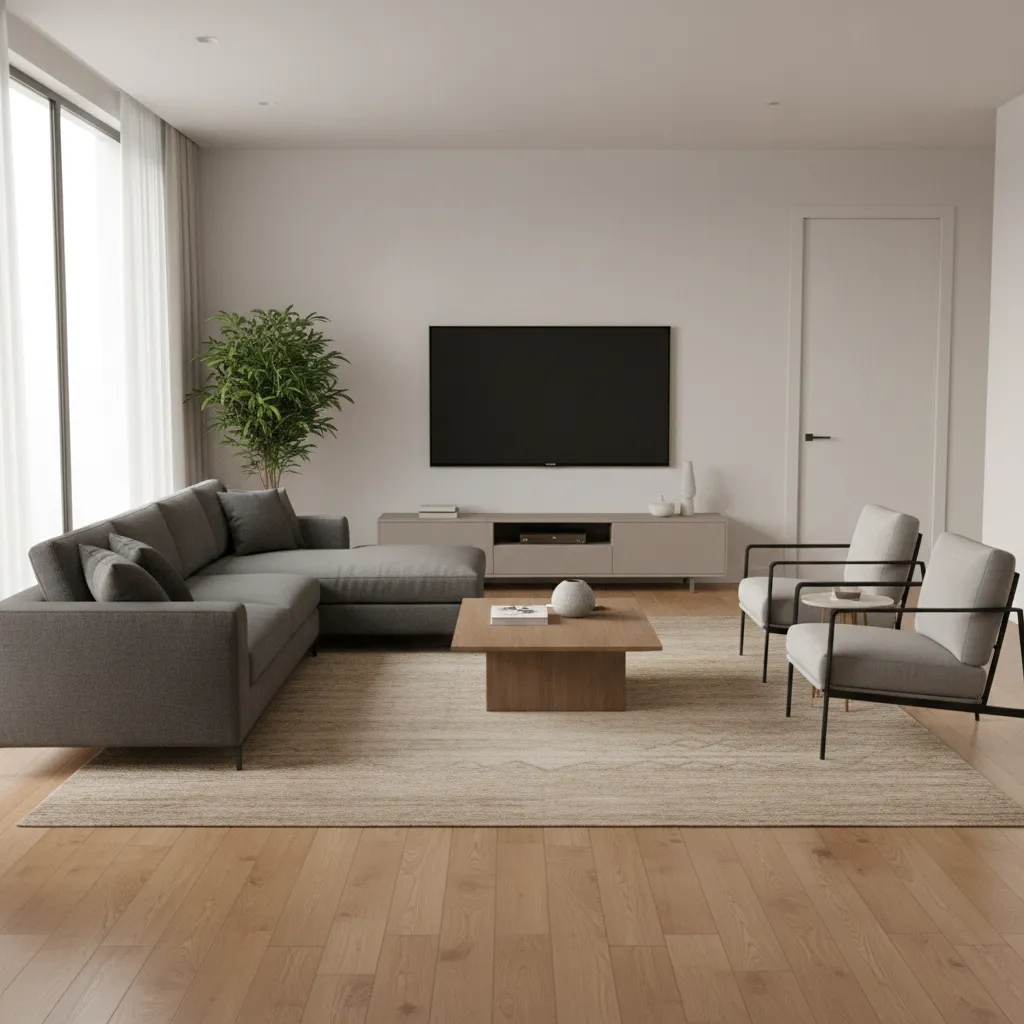 3D rendered living room layout preview with sofa seating arrangement and clear walking paths