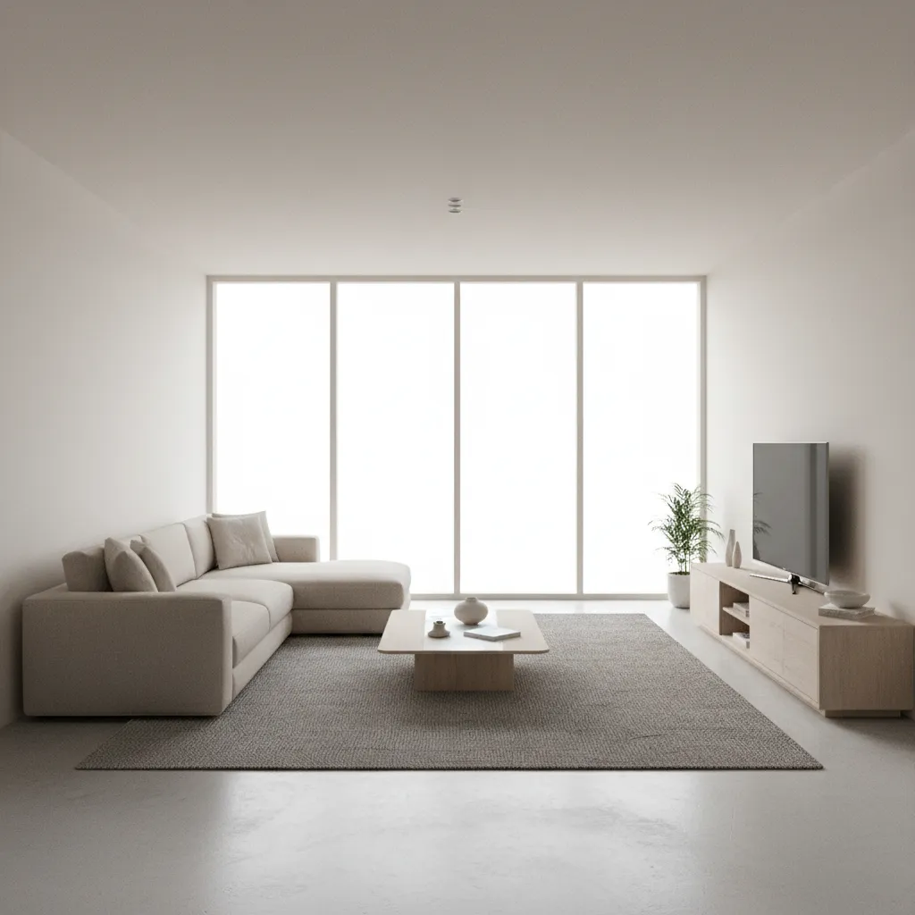 3D interior rendering showing planned living room furniture layout