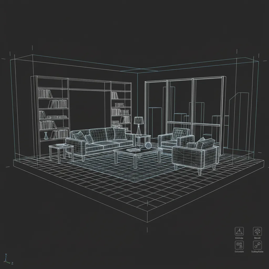 3D room layout wireframe model used before rendering