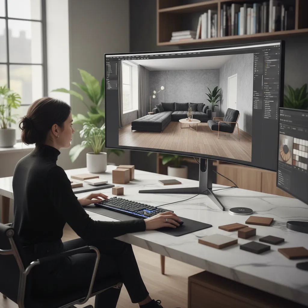 Diseñador probando diferentes materiales en un modelo 3D de habitación